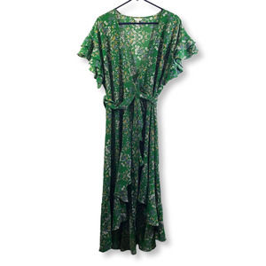 MAX STUDIO Women's Large Green Floral True Wrap Flutter Sleeve V-Neck Dress